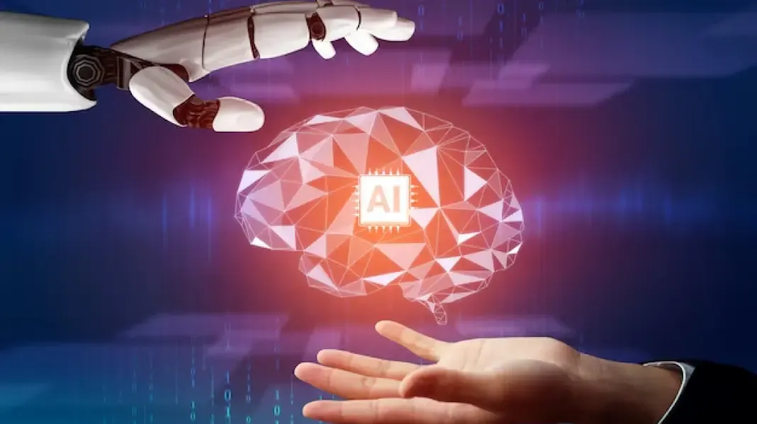 A robot hand touching a human hand, symbolizing AI-human connection