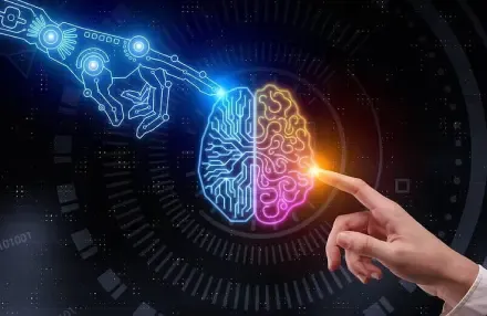 A robotic hand and human finger reaching toward a stylized brain, symbolizing Generative AI and Conversational AI for automation and innovation