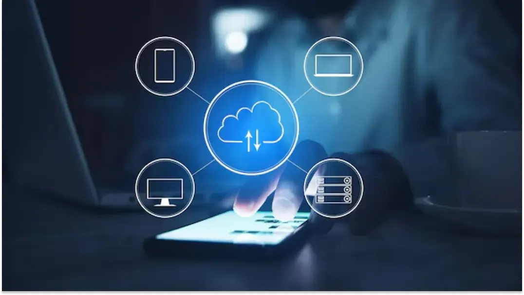 Enterprise cloud computing illustration with interconnected devices and data flow, enabling scalable cloud solutions
